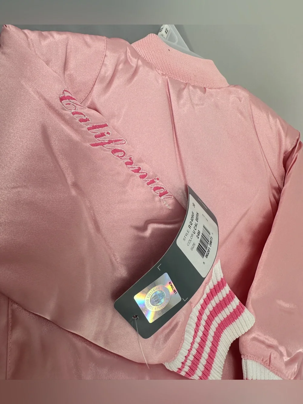 NWT Adidas U CAL BERK pink satin heart letterman jacket